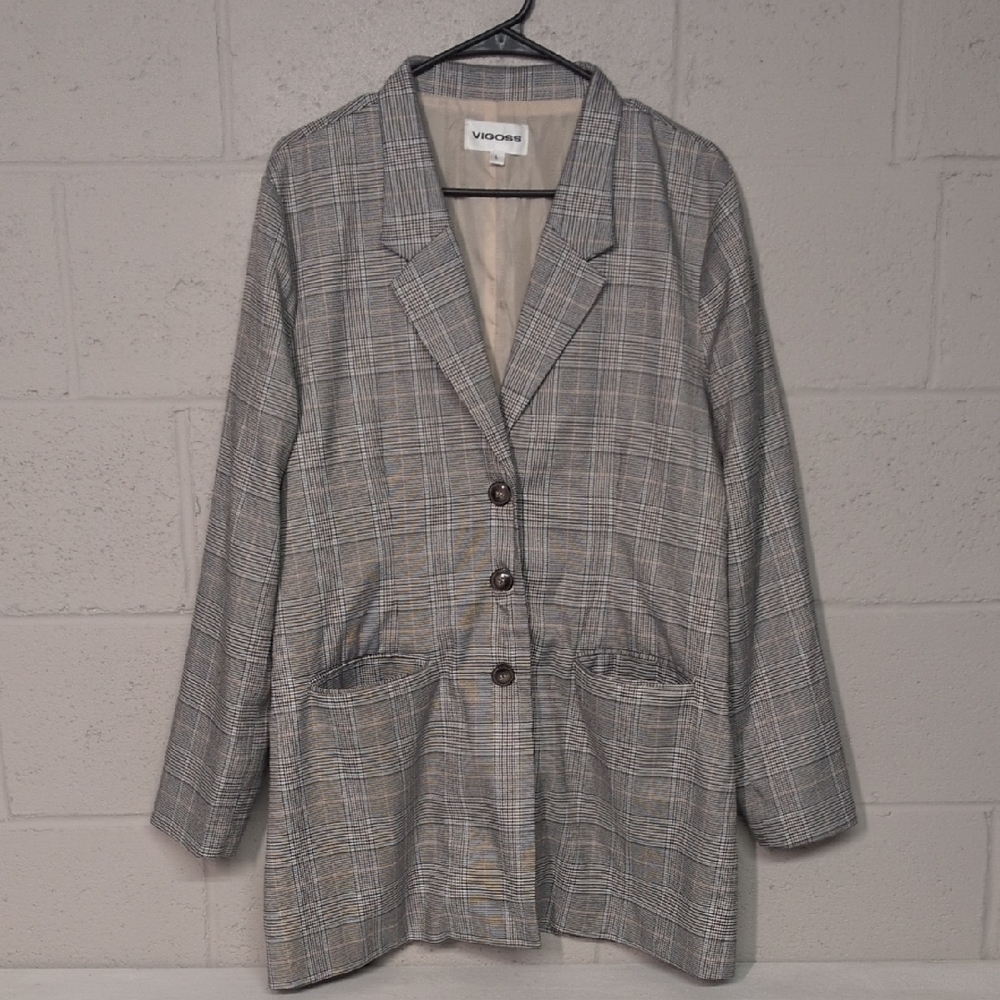 Plaid Women's Blazer, Relaxed Fit Longline Blazer Size Large, 90s minimalism - Picture 2 of 7